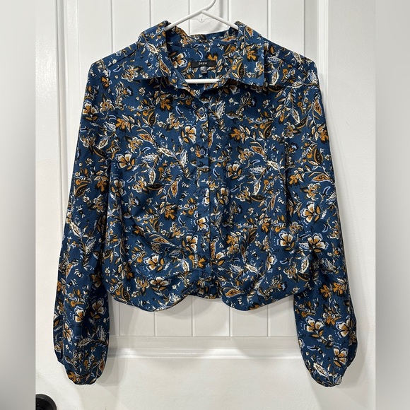 DREW Tops - DREW Floral Patterned Blue and Gold Women's Long Sleeve Button Front Blouse